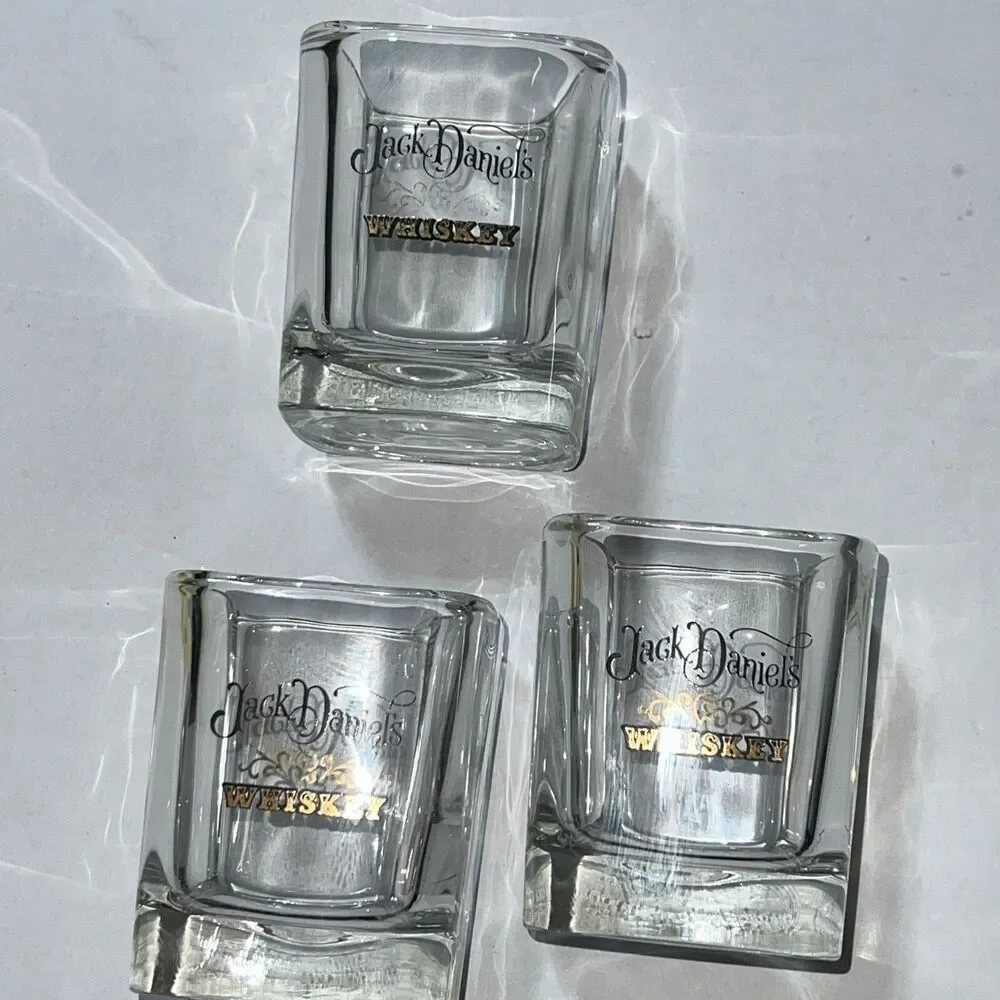 Jack Daniels Whiskey Square Rocks Glasses Black & Gold Graphics Set of 3 New